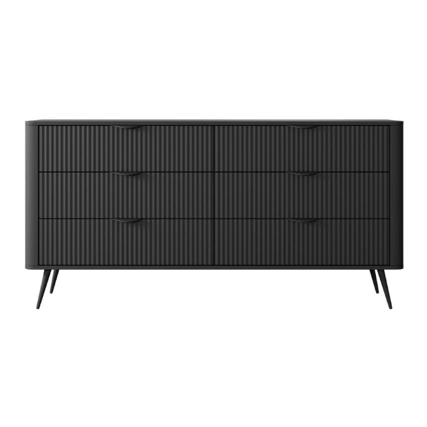 Black dresser with slatted design on a white background