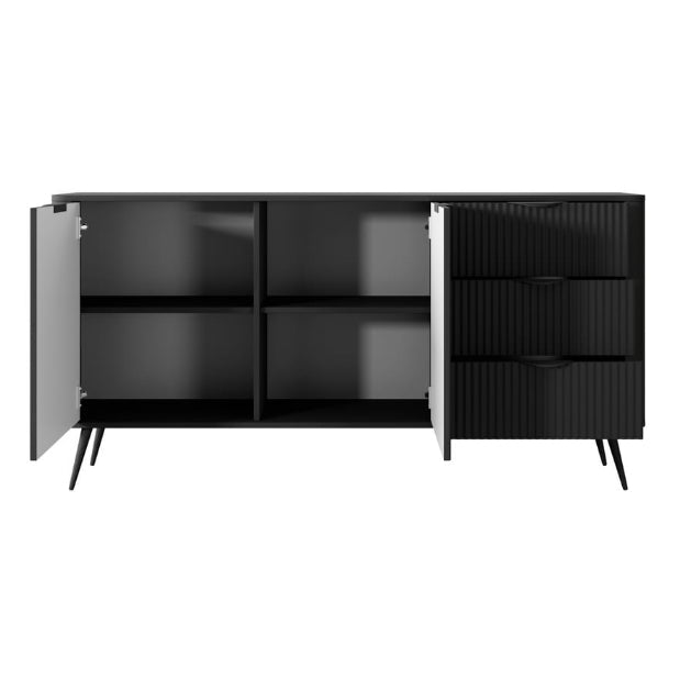 Black sideboard with open doors on a white background