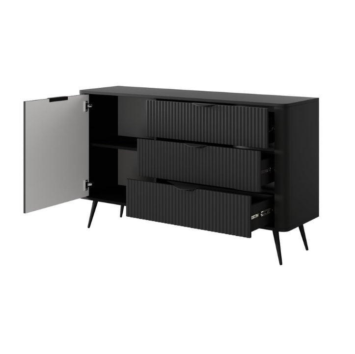 Black cabinet with open door on a white background