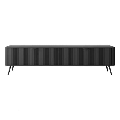 Black sideboard with slatted design on a white background
