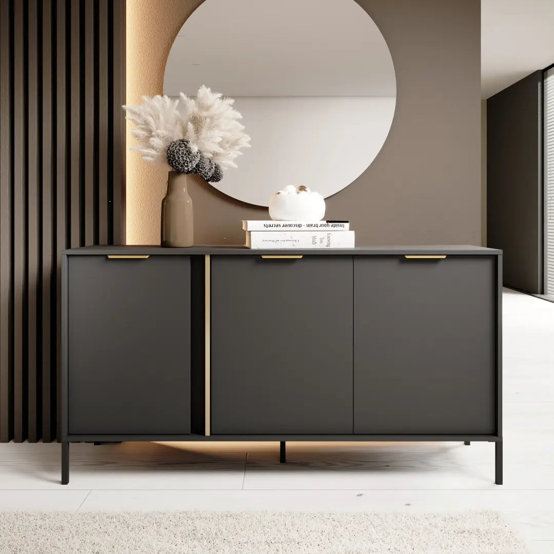 Modern dark gray sideboard with gold accents in a stylish room.
