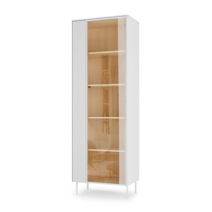 Tall white cabinet with wooden interior on a white background