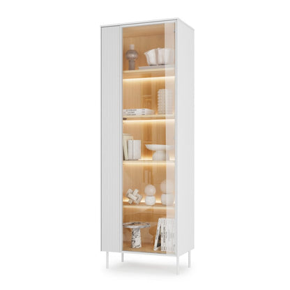White display cabinet with wooden interior on a white background