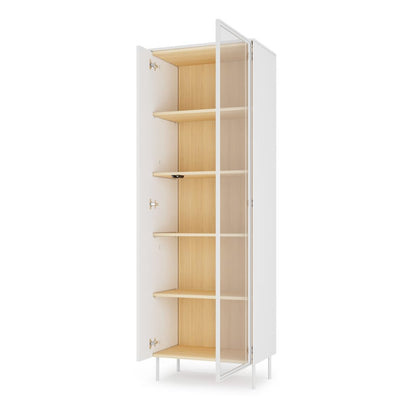 White cabinet with open door revealing wooden shelves on a white background