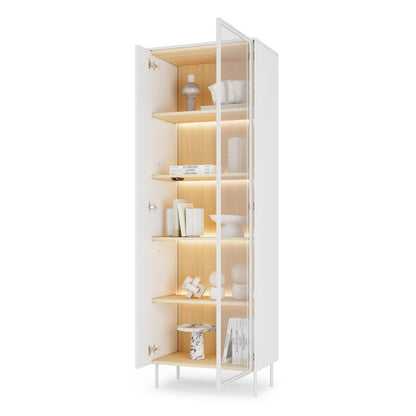 White cabinet with open doors displaying various items on a white background