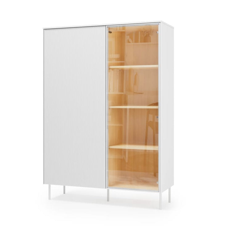 White cabinet with wooden interior on a white background