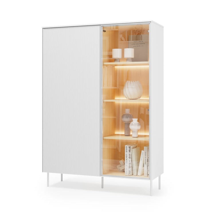 White cabinet with glass door displaying interior lighting on a white background