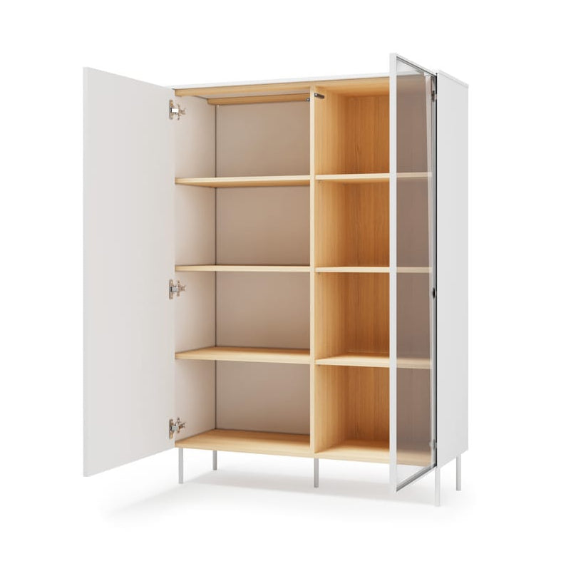 Wooden cabinet with open doors on a white background