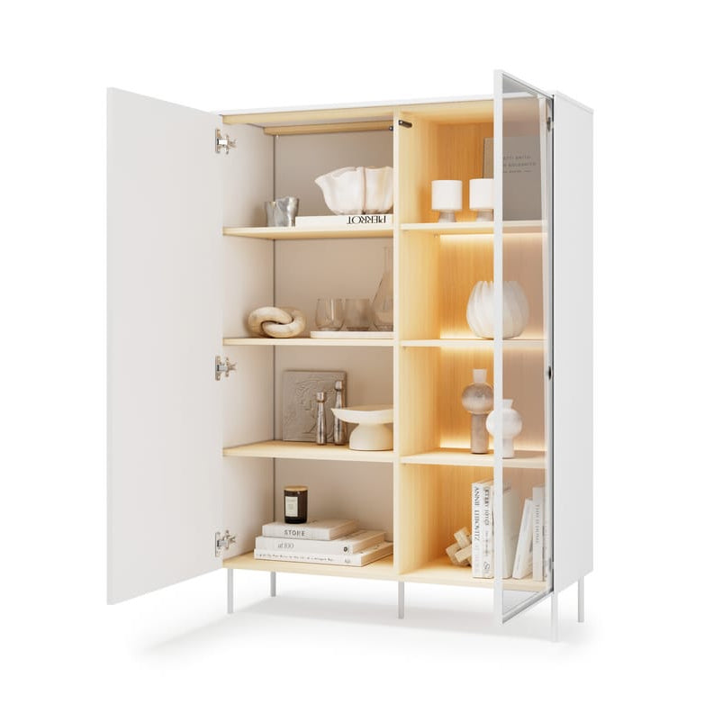 White cabinet with open doors displaying various items on a white background