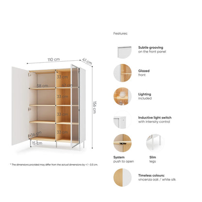 Wooden cabinet with dimensions and features listed on a white background
