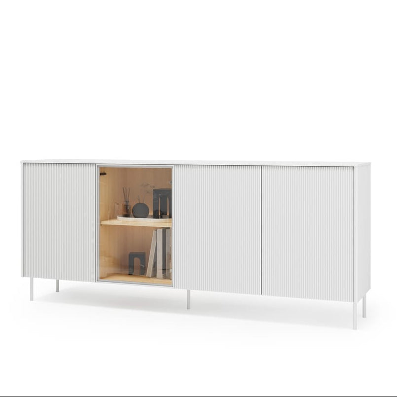 Modern white sideboard with open doors on a white background