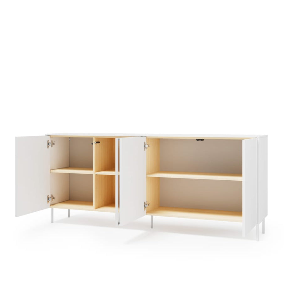 White cabinet with open doors on a white background