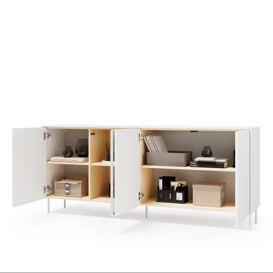 White cabinet with open doors on a white background