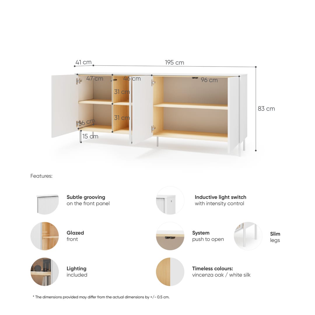 White cabinet with dimensions and features listed on a white background