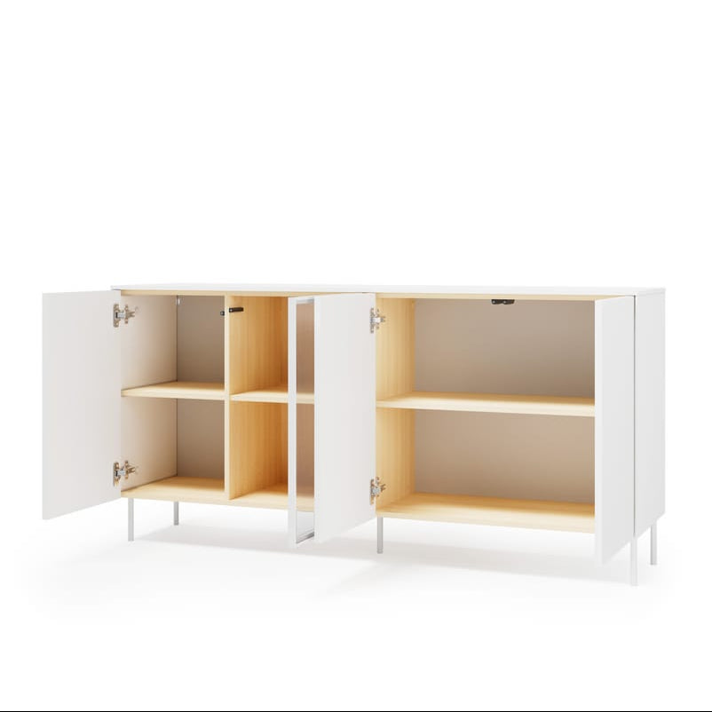 White and wood storage unit with open doors on a white background