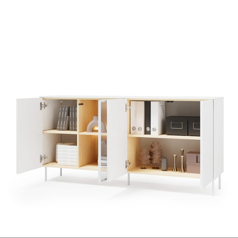 White and wood storage cabinet with open doors on a white background
