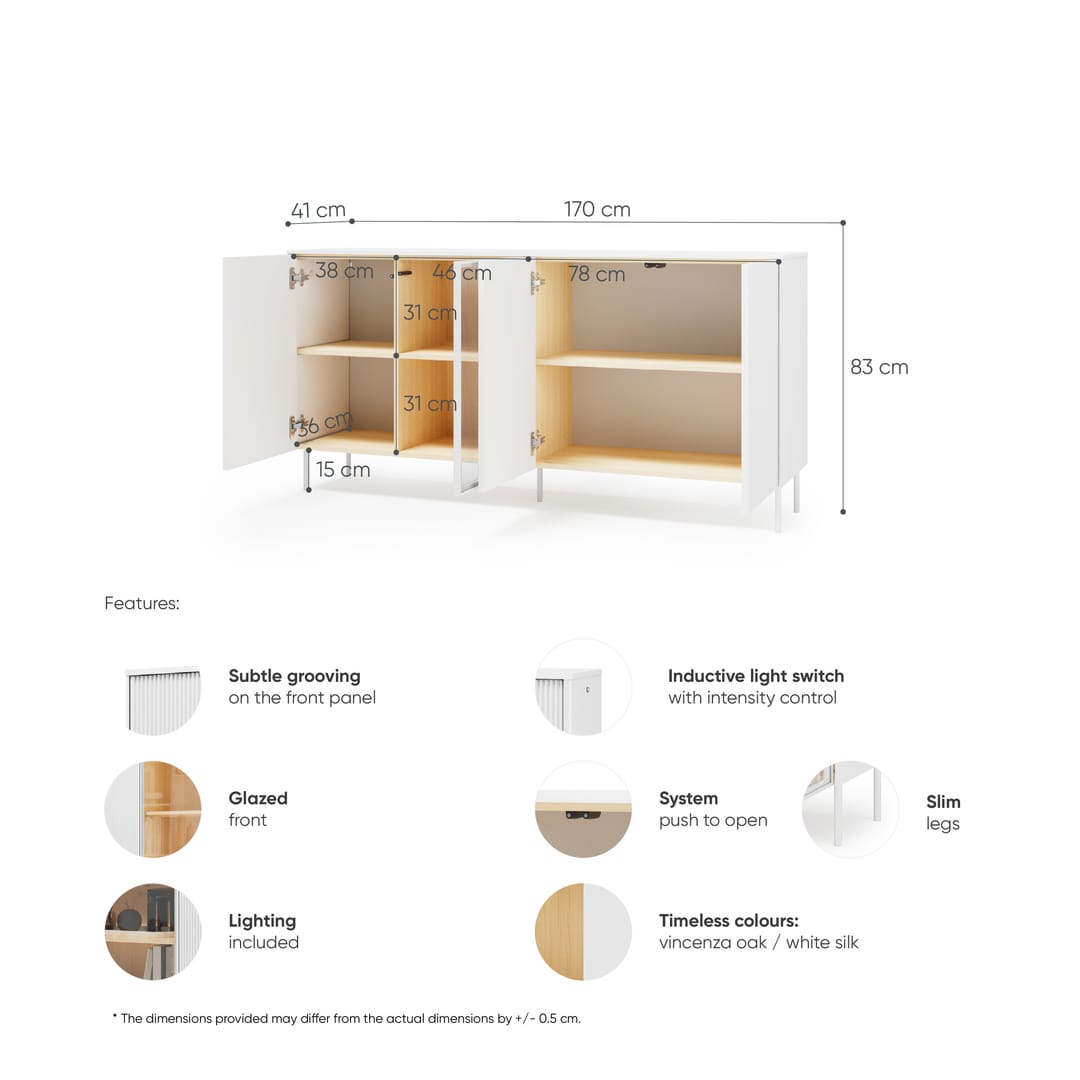 White cabinet with dimensions and features listed on a white background