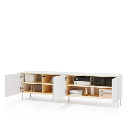 White and wooden cabinet with open doors on a white background