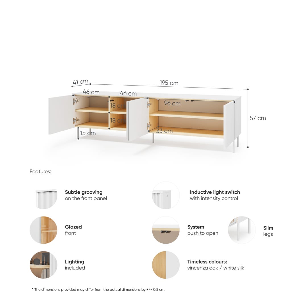 Dimensions and features of a white cabinet with wooden shelves on a white background