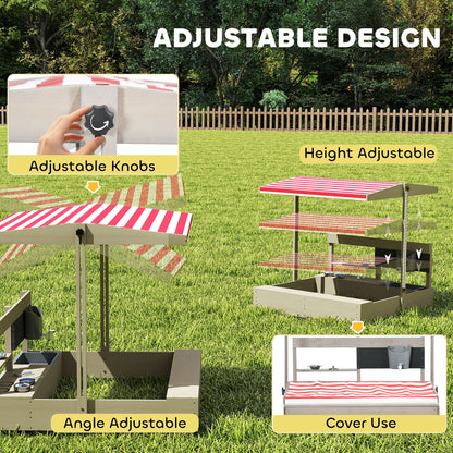 Outsunny Kids Wooden Sandbox w/ Canopy, Kitchen Toys, Seat, Storage, for Ages 3-7 Years