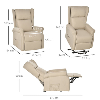 HOMCOM Power Lift Recliner Armchair, Electric Lift Chair for Elderly, Fabric Riser and Reclining Chair with Wingback, Remote Control, Side Pockets, Footrest, for Living Room, Beige