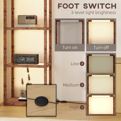 HOMCOM LED Floor Lamp with Glass Shelves, 4 Layers Dimmable Tall Standing Lamp, Modern Column Shelf Floor Light for Living Room, Bedroom, Office, Rustic Brown