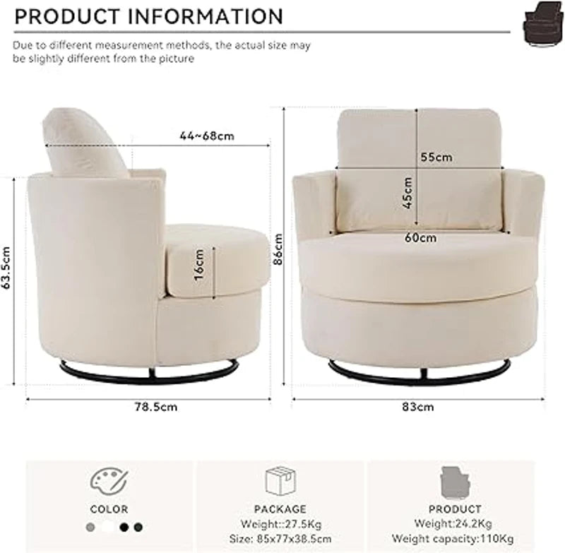 كرسي استرخاء دوار تيدي مع وسادة ظهر، وسادة إسفنجية سميكة، يدور 360 درجة، 78.5 × 83 × 86 سم، أبيض
