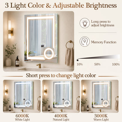 LED Lighted Bathroom Mirror with Anti-Fog and 3 Color Lights