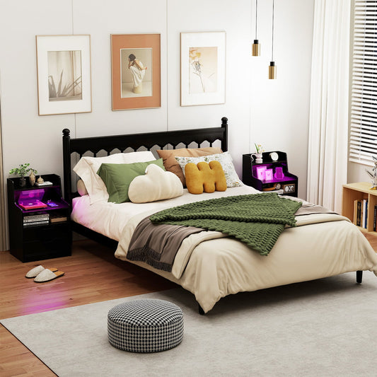 LED Nightstand with Charging Station 2-Drawer Bedside Table with Open Shelf Set of 2-Black