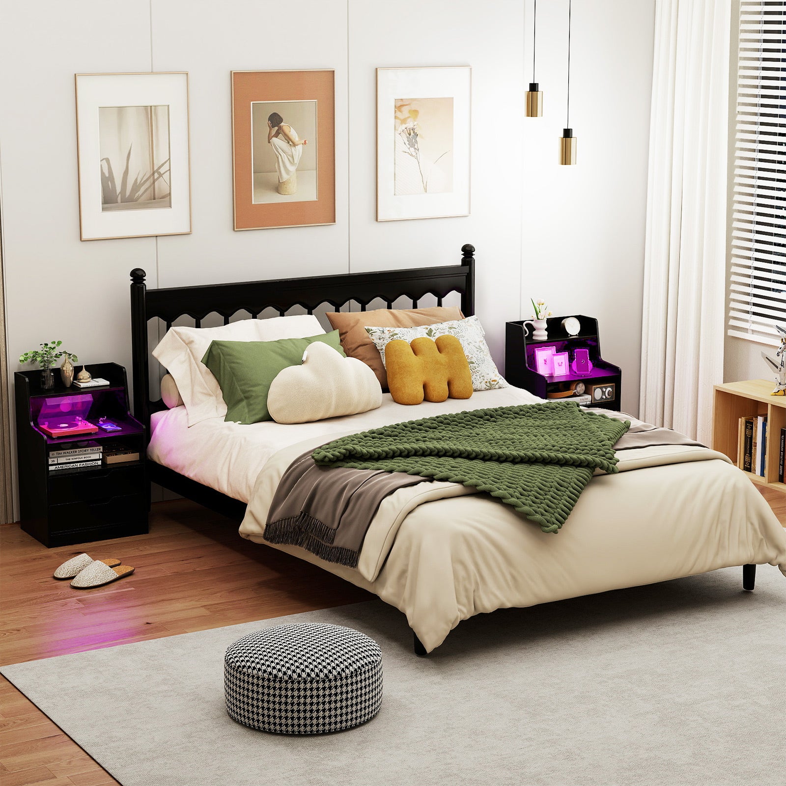 LED Nightstand with Charging Station 2-Drawer Bedside Table with Open Shelf Set of 2-Black
