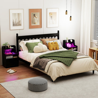 LED Nightstand with Charging Station 2-Drawer Bedside Table with Open Shelf Set of 2-Black