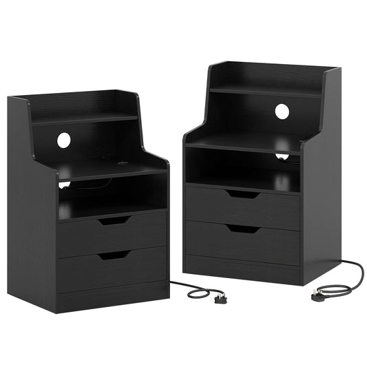 LED Nightstand with Charging Station 2-Drawer Bedside Table with Open Shelf Set of 2-Black