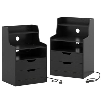 LED Nightstand with Charging Station 2-Drawer Bedside Table with Open Shelf Set of 2-Black