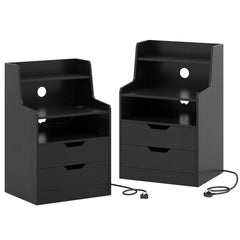 LED Nightstand with Charging Station 2-Drawer Bedside Table with Open Shelf Set of 2-Black