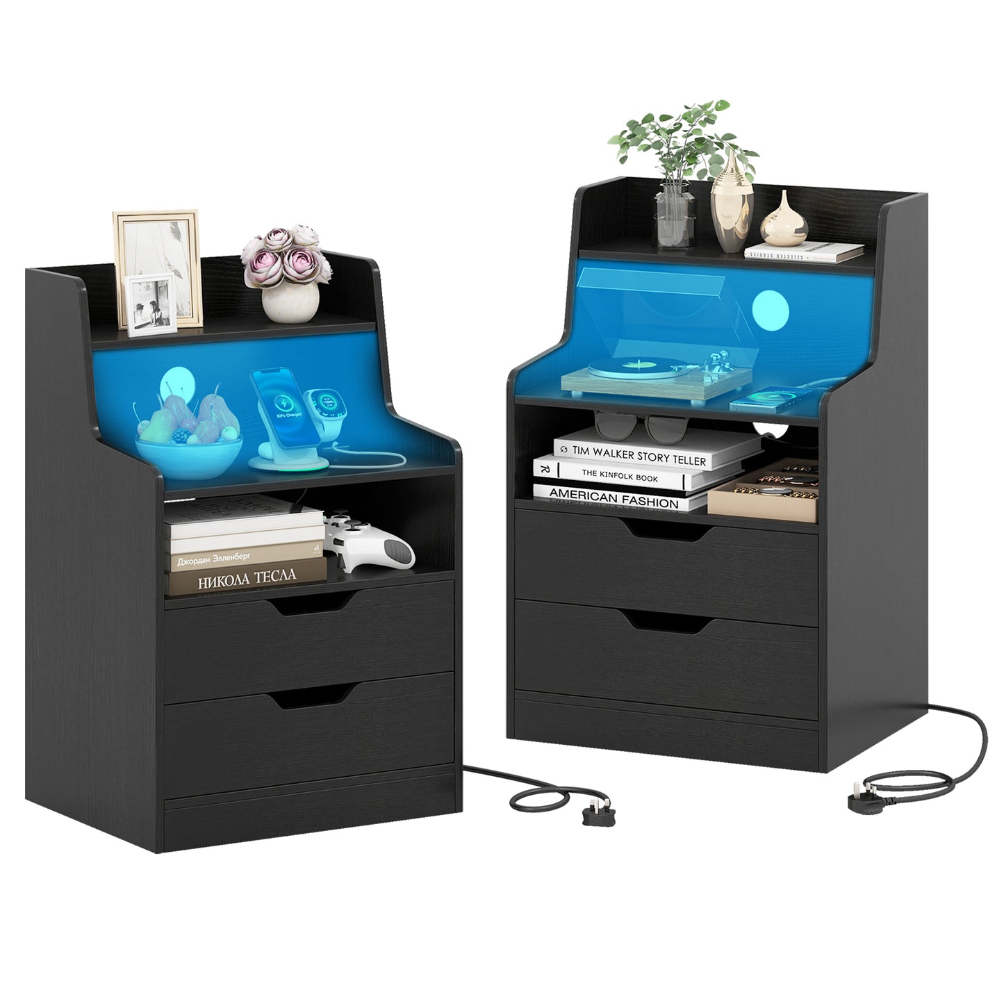 LED Nightstand with Charging Station 2-Drawer Bedside Table with Open Shelf Set of 2-Black
