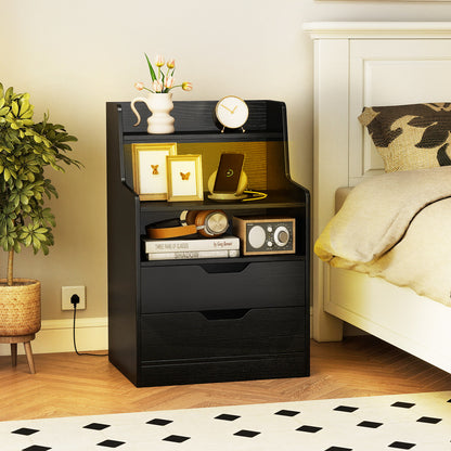 LED Nightstand with Charging Station 2-Drawer Bedside Table with Open Shelf Set of 2-Black