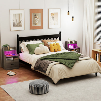 LED Nightstand with Charging Station 2-Drawer Bedside Table with Open Shelf Set of 2-Grey