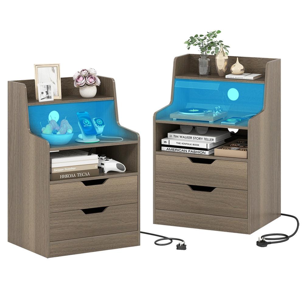 LED Nightstand with Charging Station 2-Drawer Bedside Table with Open Shelf Set of 2-Grey