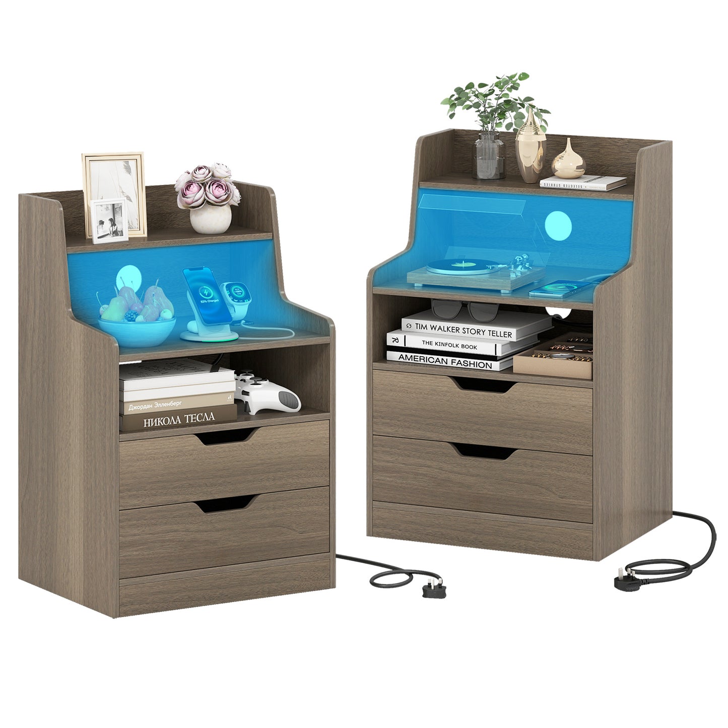 LED Nightstand with Charging Station 2-Drawer Bedside Table with Open Shelf Set of 2-Grey