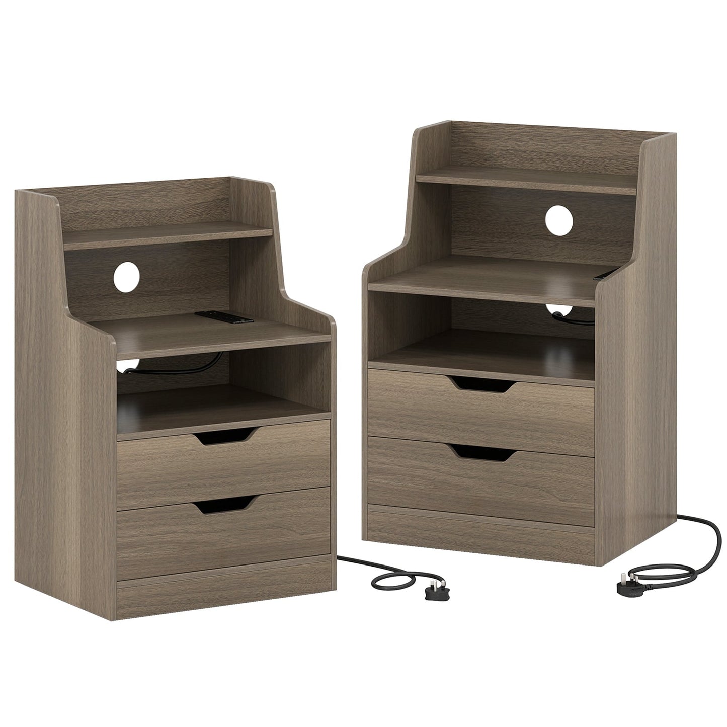 LED Nightstand with Charging Station 2-Drawer Bedside Table with Open Shelf Set of 2-Grey