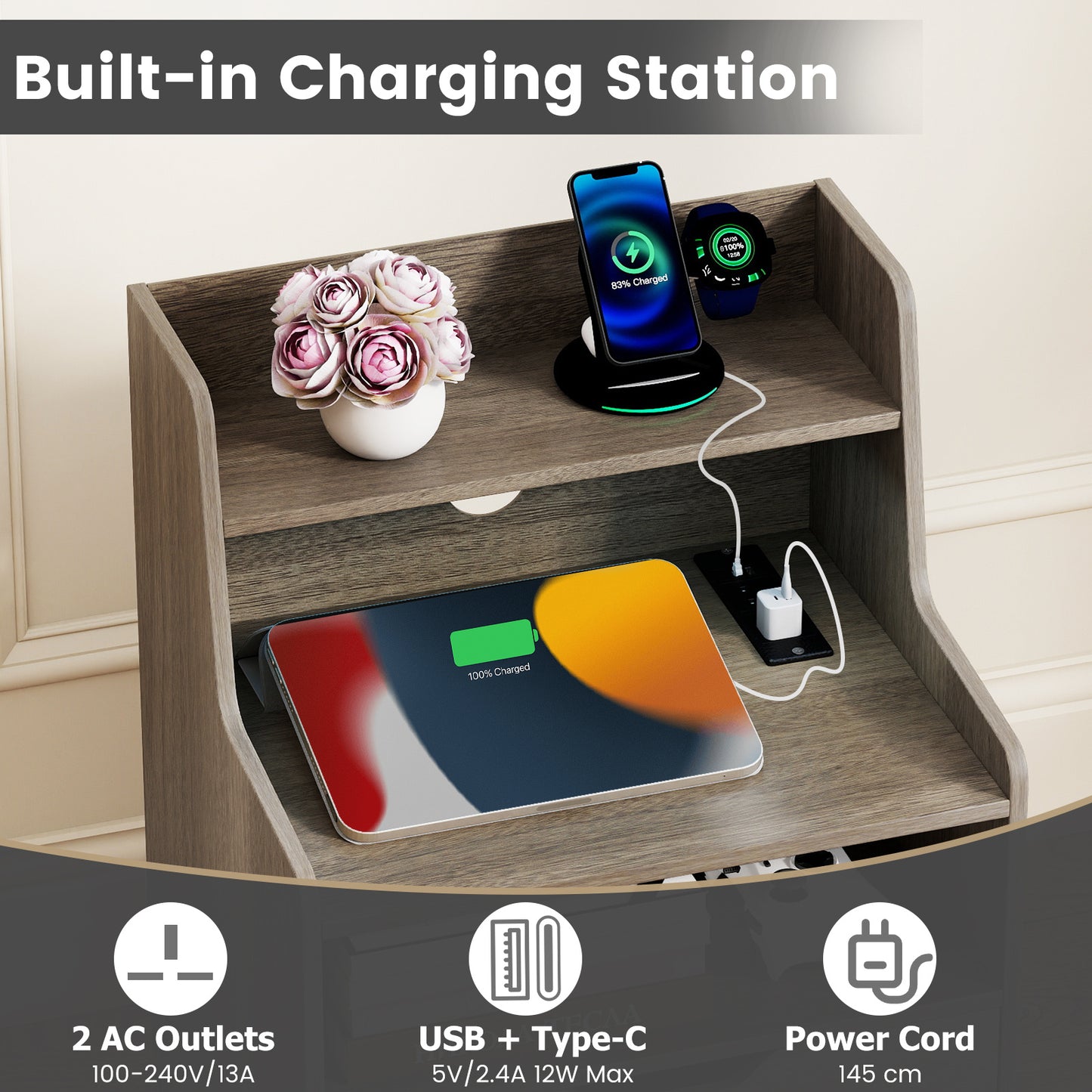 LED Nightstand with Charging Station 2-Drawer Bedside Table with Open Shelf Set of 2-Grey