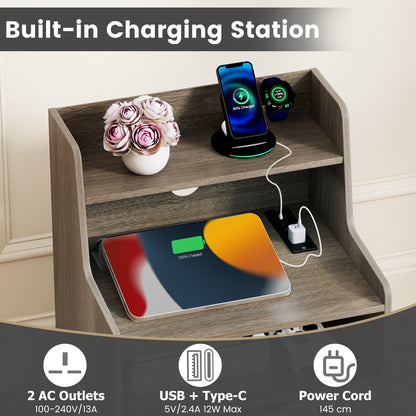 LED Nightstand with Charging Station 2-Drawer Bedside Table with Open Shelf Set of 2-Grey