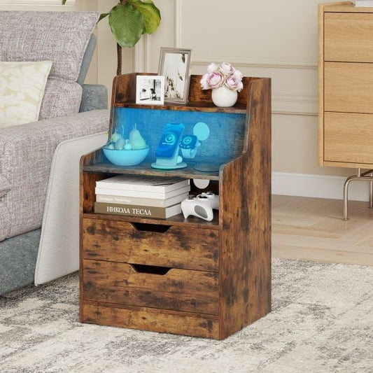 LED Nightstand with Charging Station 2-Drawer Bedside Table with Open Shelf Set of 2-Rustic Brown