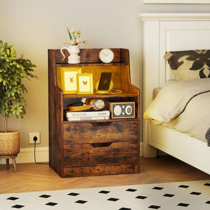 LED Nightstand with Charging Station 2-Drawer Bedside Table with Open Shelf Set of 2-Rustic Brown