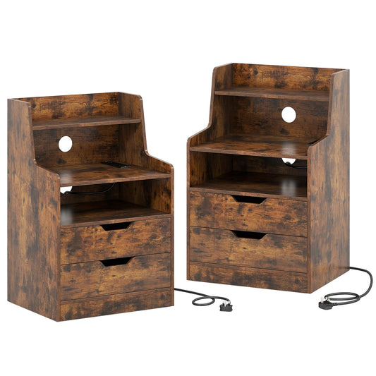 LED Nightstand with Charging Station 2-Drawer Bedside Table with Open Shelf Set of 2-Rustic Brown