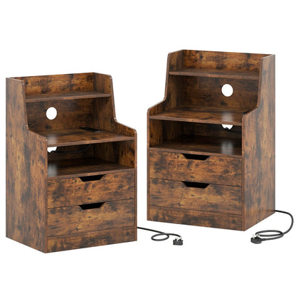 LED Nightstand with Charging Station 2-Drawer Bedside Table with Open Shelf Set of 2-Rustic Brown