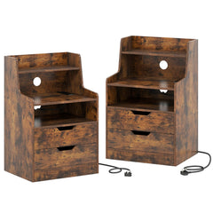 LED Nightstand with Charging Station 2-Drawer Bedside Table with Open Shelf Set of 2-Rustic Brown