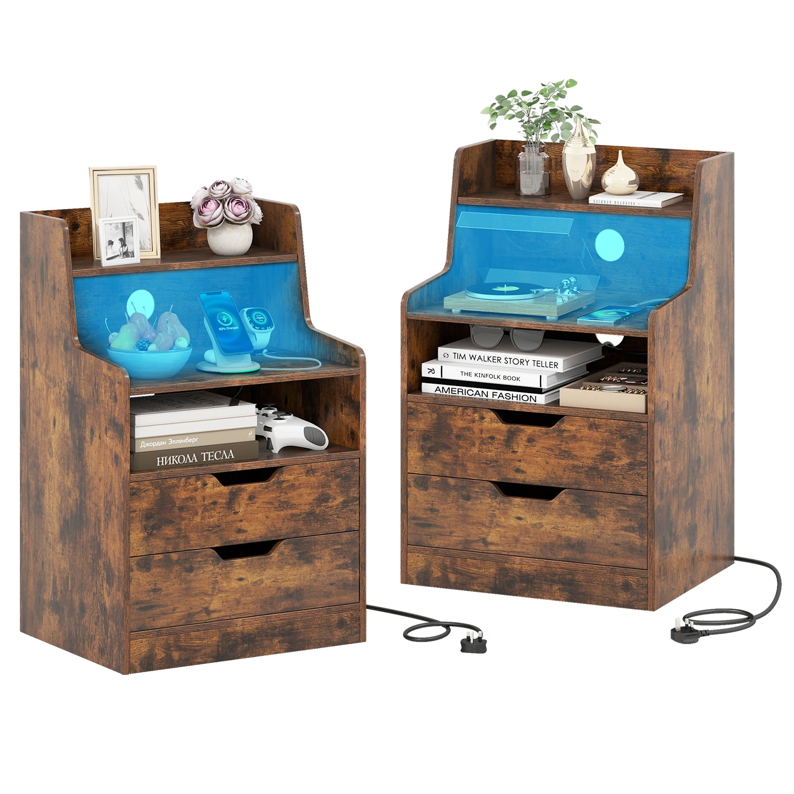 LED Nightstand with Charging Station 2-Drawer Bedside Table with Open Shelf Set of 2-Rustic Brown