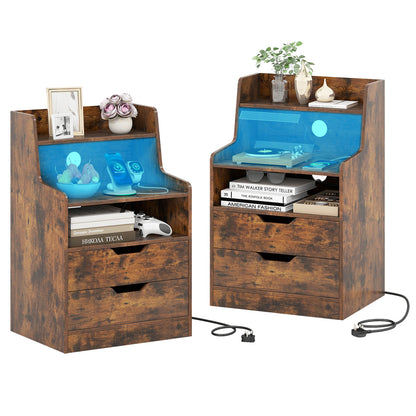 LED Nightstand with Charging Station 2-Drawer Bedside Table with Open Shelf Set of 2-Rustic Brown