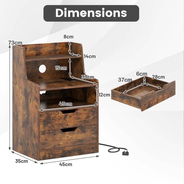 LED Nightstand with Charging Station 2-Drawer Bedside Table with Open Shelf Set of 2-Rustic Brown